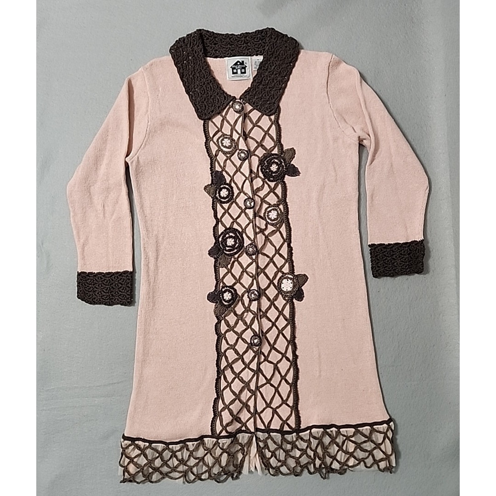 Storybook Knits M Long Cardigan Pink Gray Crochet Tulle Trim Grannycore READ